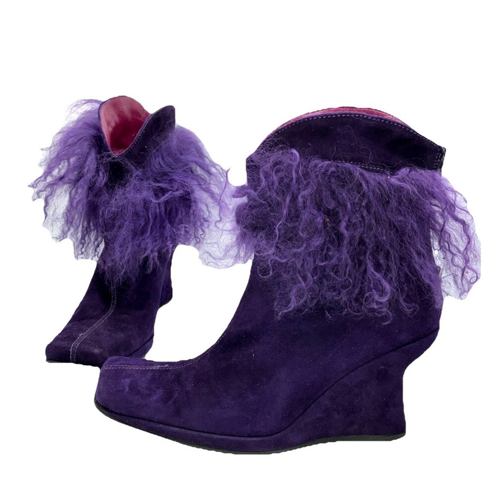 37.5 6.5 90s Purple Suede Wedge Boots Mongolian Lamb Goth PsychoBilly Shaggy